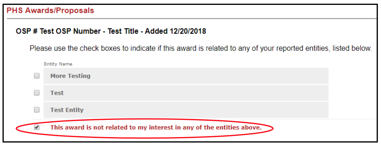 PHS Awards/Proposals with "This is not related to my interest in any of the entities above." option circled and checked