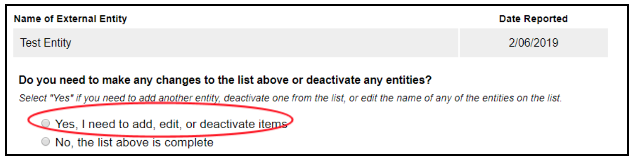 Image of “Yes, I need to add, edit, or deactivate items" circled