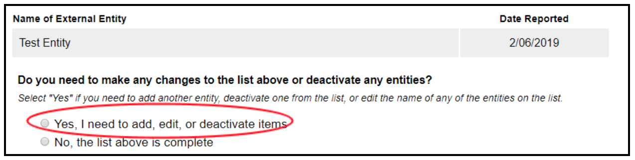 Image of question with “Yes, I need to add, edit, or deactivate items” answer option circled.
