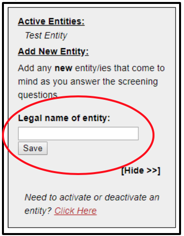 Image of "Legal name of entity" text box circled.