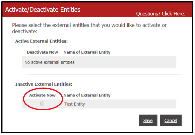 Image of "Activate/Deactivate Entities" form with "Activate Now" box circled.