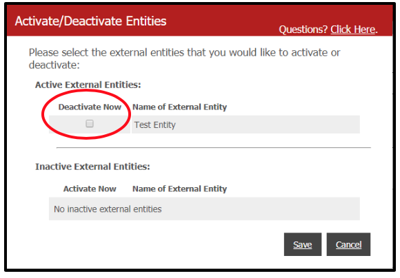 Image of "Activate/Deactivate Entities" form with "Deactivate Now" box circled.
